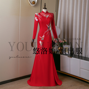 悠洛姌演出服新款正红色刺绣重工主持人年会舞台演讲显瘦礼服