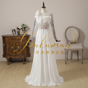 飘逸演出服实拍民族重工款声乐独唱礼服女主持人礼服高腰长裙美声