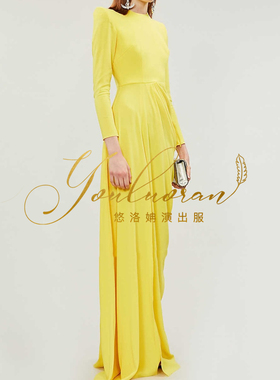 新款黄色主持人礼服艺考独唱演出服学生聚会长款敬酒服冬季晚礼服