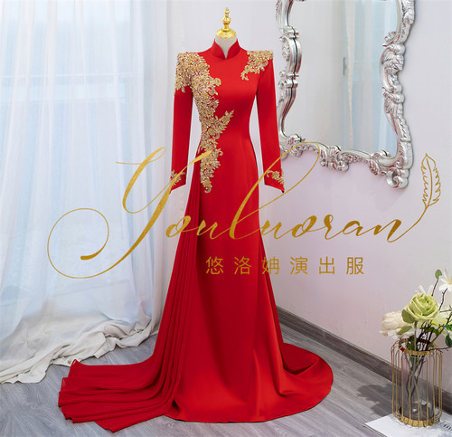 悠洛姌演出服红色优雅立领长袖