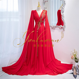 礼服抖音同款 长款 重工主持人礼服声乐 红色水袖 悠洛姌演出服新款