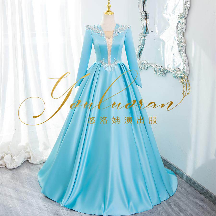 悠洛姌演出服新款蓝色重工显瘦主持人礼服舞台表演艺考声乐独唱