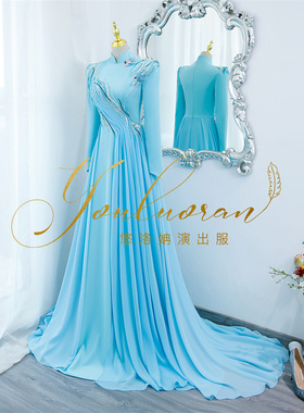 悠洛姌演出服实拍新款重工蓝色立领修身显瘦主持人礼服舞台表演