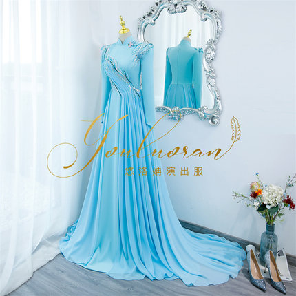 悠洛姌演出服实拍新款重工蓝色立领修身显瘦主持人礼服舞台表演