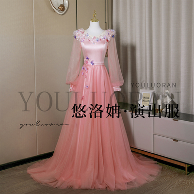 悠洛姌灯笼袖坠地修身显瘦礼服