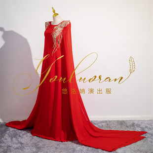 悠洛姌演出服中国红重工水袖 礼服艺考美声独唱演出表演礼服 修身