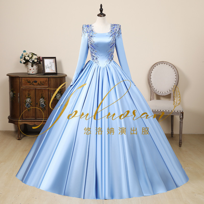 悠洛姌演出服实拍蓝色重工款礼服主持人礼服学生艺术考试独唱礼服