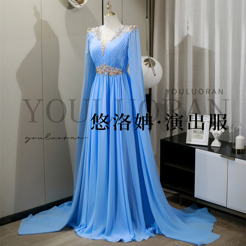 悠洛姌演出服新款蓝色显瘦重工刺绣礼服舞台表演艺考独唱演出服