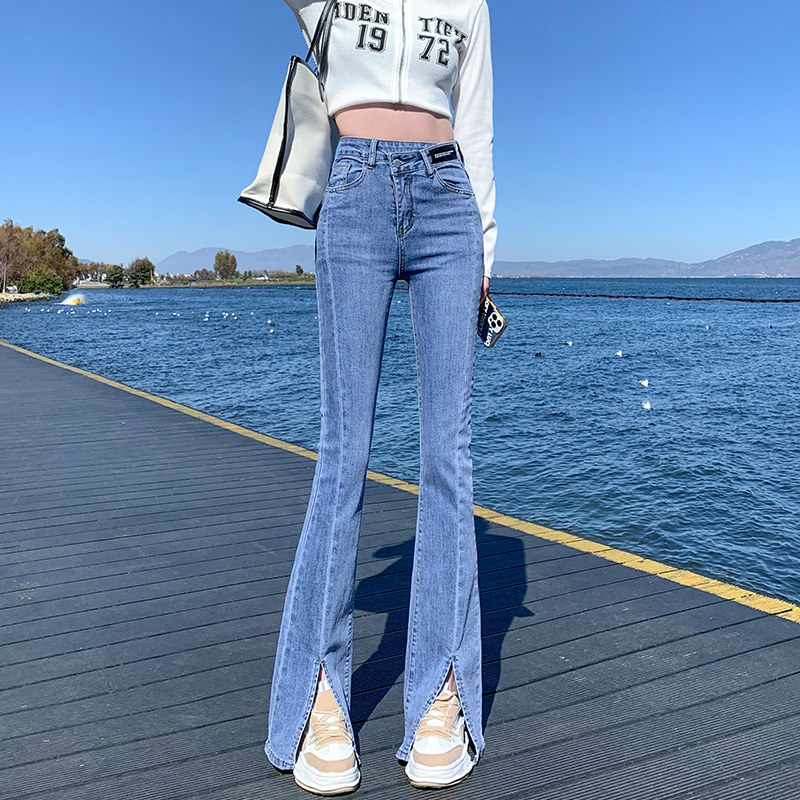浅蓝色开叉微喇牛仔裤女2023年新款春秋季高腰显瘦宽松阔腿喇叭裤