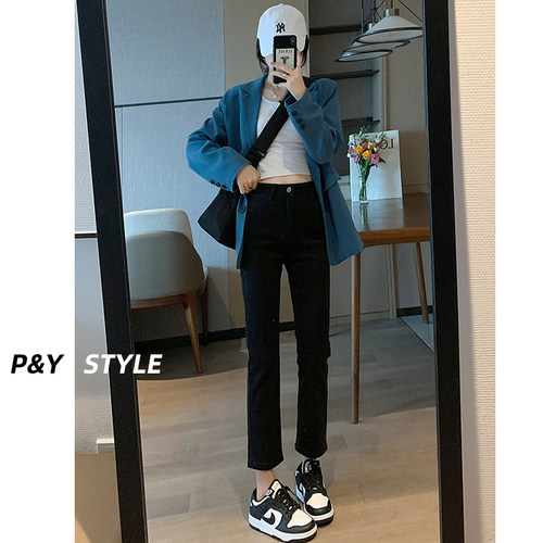 佩艳烟管裤九分黑色高腰宽松显瘦