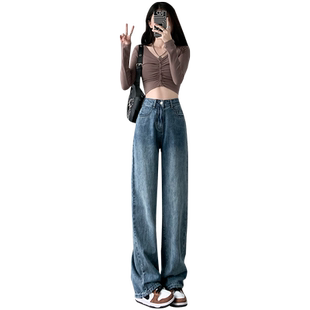 复古高腰阔腿牛仔裤女2026年新款夏季直筒宽松窄版小个子拖地长裤