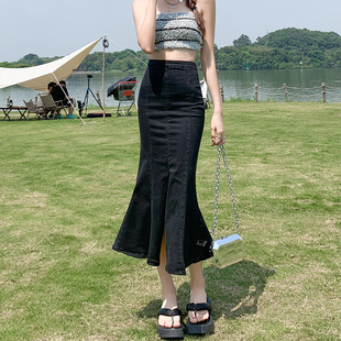 黑色开叉牛仔半身裙女包臀长裙夏季 设计感小众a字鱼尾裙 2025新款