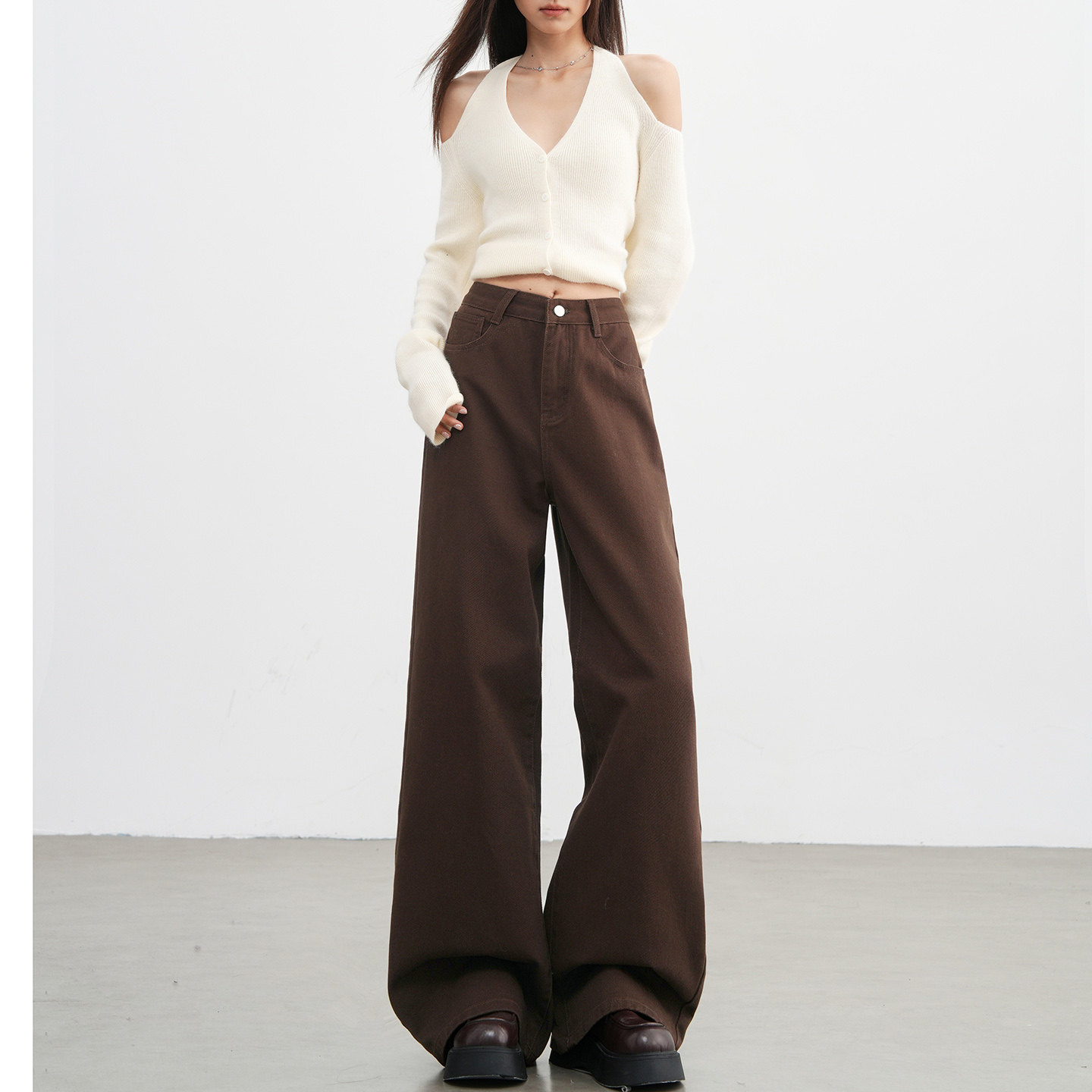 美式咖啡色阔腿牛仔裤女拖地裤