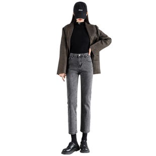 烟灰色九分直筒牛仔裤女夏季2025年新款高腰显瘦宽松小个子烟管裤