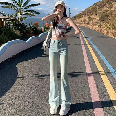浅蓝色微喇叭牛仔裤女春季2025新款高腰弹力修身显瘦小个子拖地裤