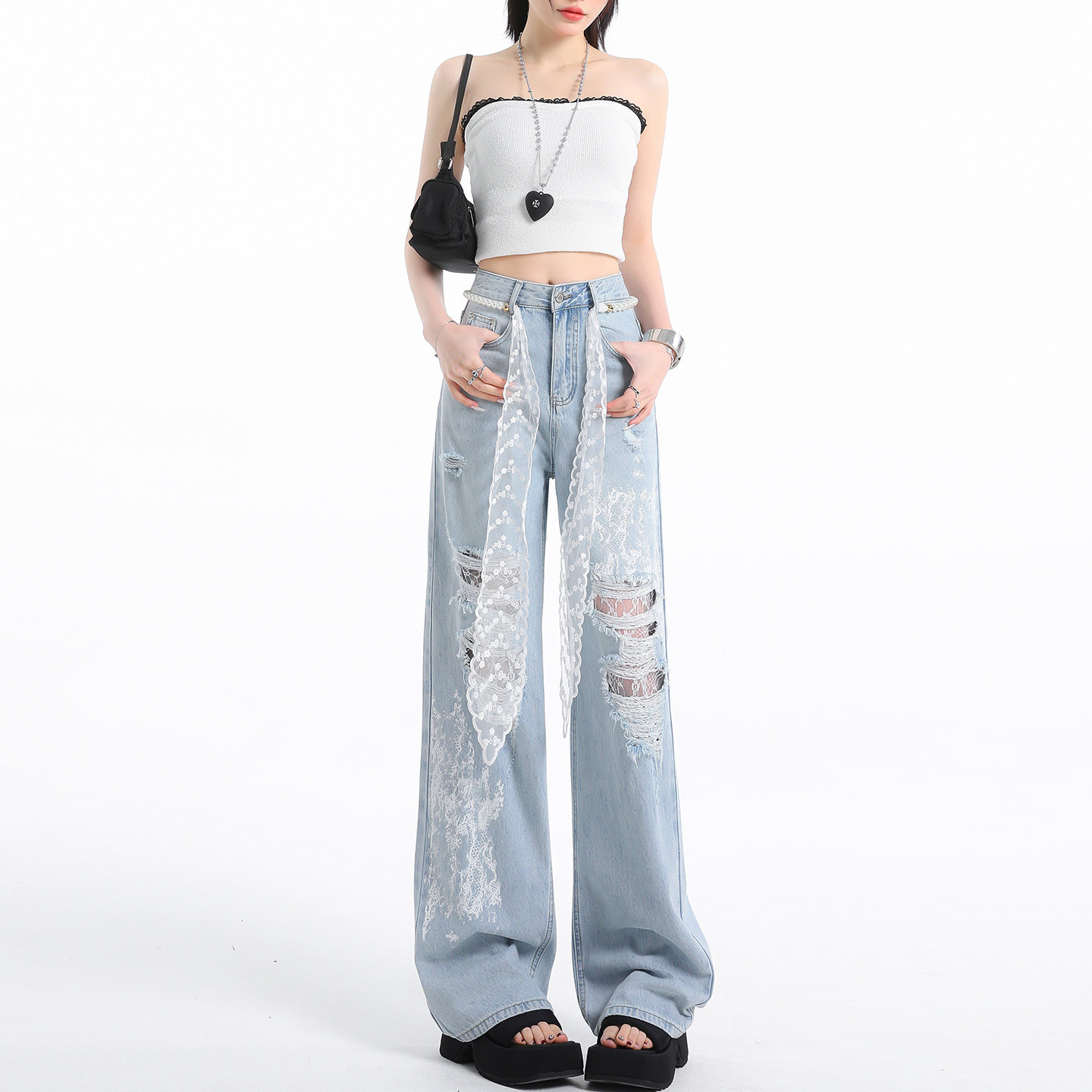 蕾丝破洞阔腿牛仔裤女2025新款冬季高腰直筒宽松显瘦设计感拖地裤,女装/女士精品,牛仔裤,淘宝优惠券,粉丝福利购,淘宝优惠卷