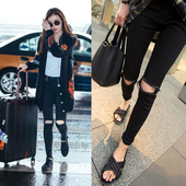 紧身九分高腰显瘦显高黑色乞丐小脚裤 夏季 女2026年新款 破洞牛仔裤