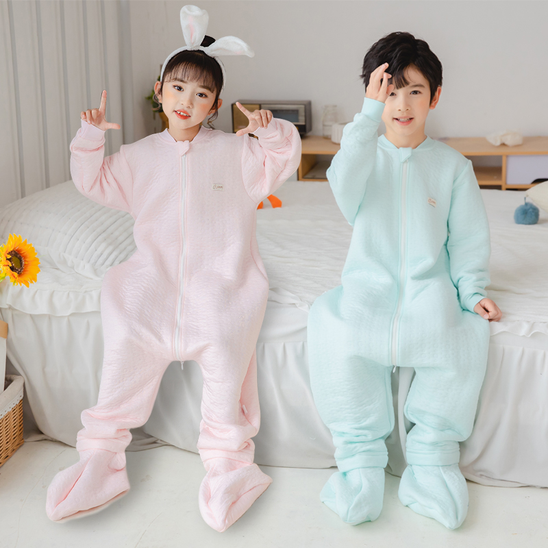 儿童分腿家居服包脚可拆脚睡袋男女宝宝春秋季厚款空调防踢护肚