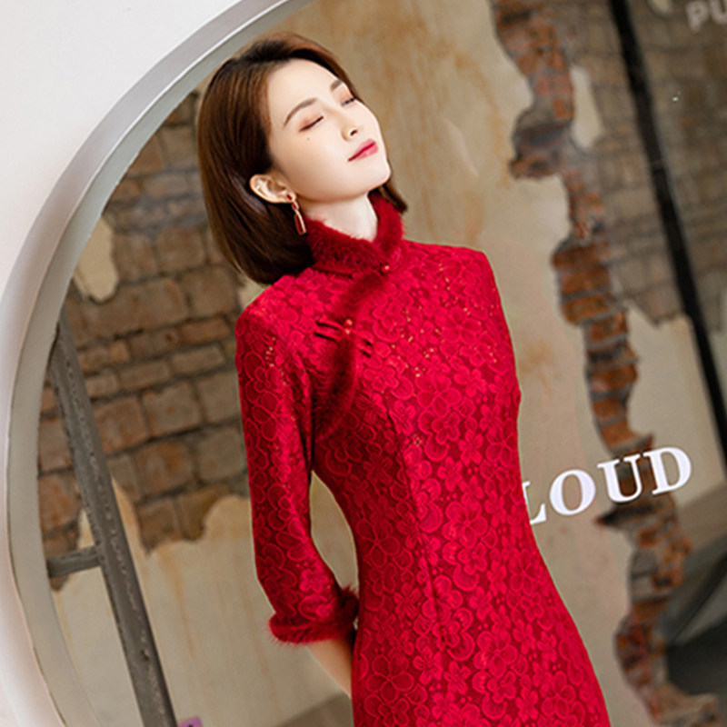 红色旗袍2022年新款唐装女装冬季新年过年喜庆中国风拜年服大人裙