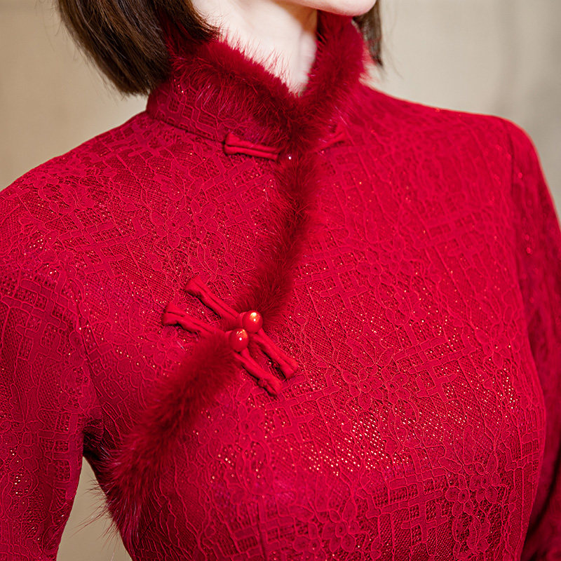 红色旗袍年轻款2021年新款唐装长袖冬季加绒加厚过年中国风连衣裙