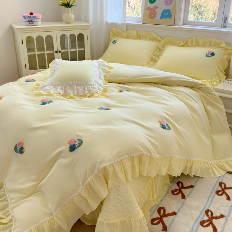 浪漫温柔公主风~纯棉四件套少女心荷叶边被套全棉夹棉床盖款床罩