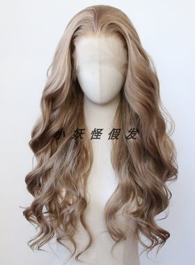深蜂蜜金棕色前蕾丝化纤高温丝大波浪卷发假发逼真自然整顶假发套