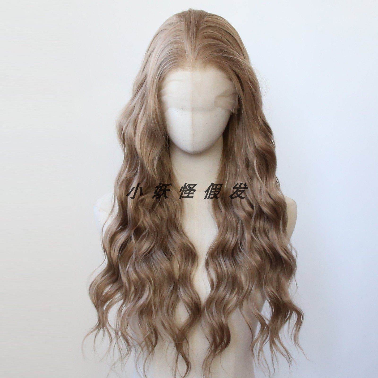 深蜂蜜金棕色前蕾丝化纤高温丝长羊毛卷发假发逼真自然整顶假发套