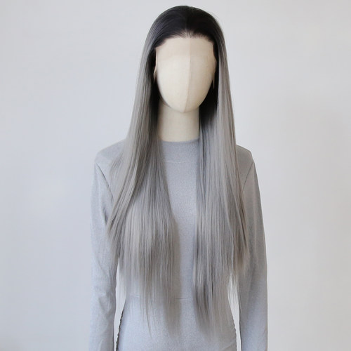 巴黎画染渐变深灰前蕾丝全头假发自然显白欧美风高温丝整顶假发套