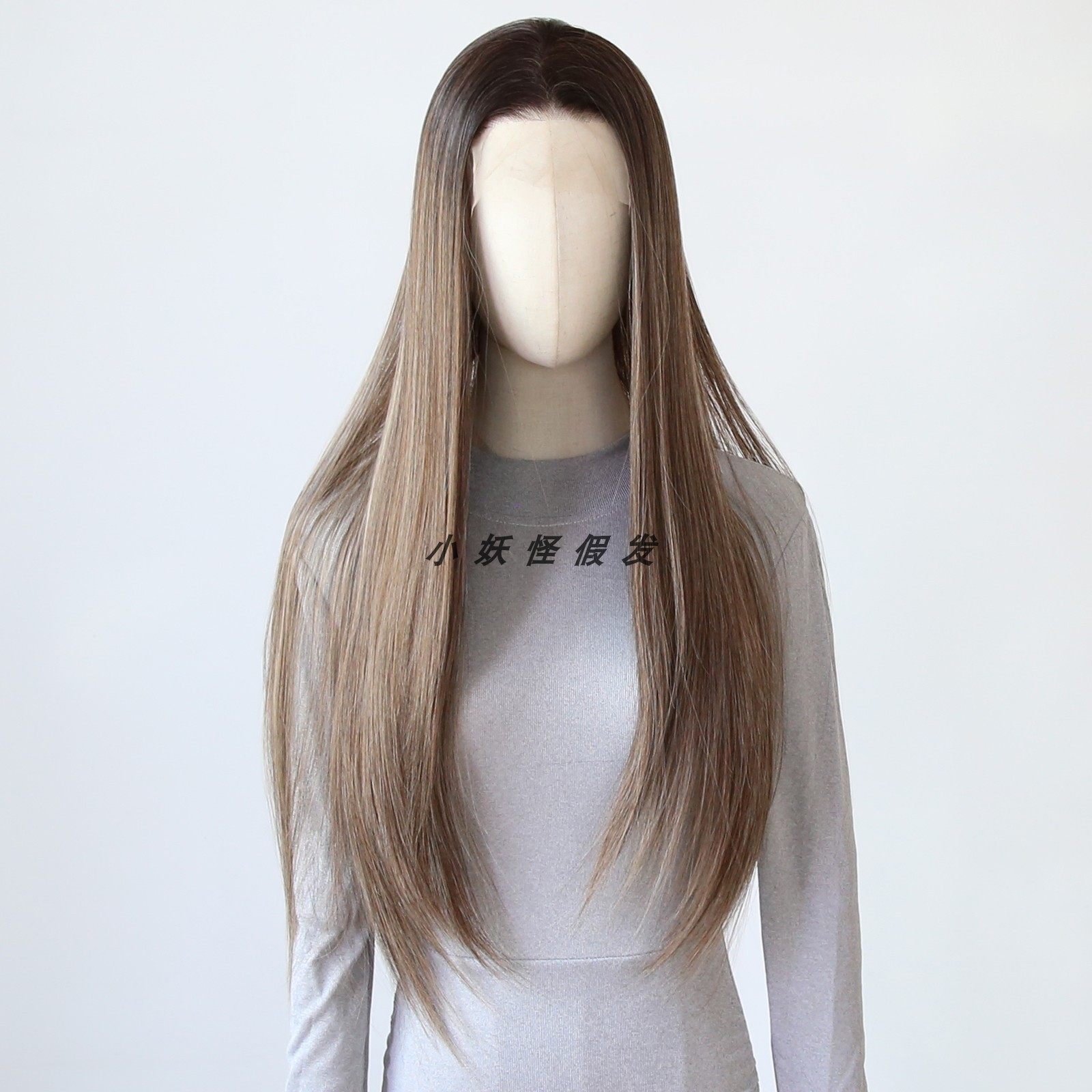 渐变蘑菇棕前蕾丝全头假发欧美自然ins辣妹棕褐色高温丝整顶假发