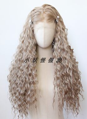亚麻棕前蕾丝化纤高温丝蕾丝假发套浅棕色波浪羊毛长卷发整顶假发
