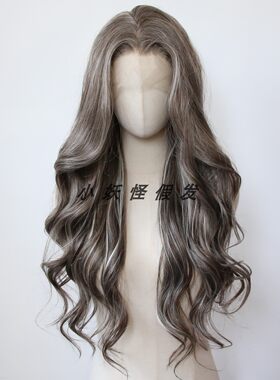 棕褐色混合白金色前蕾丝高温丝巴黎画染辣妹大波浪卷整顶假发套