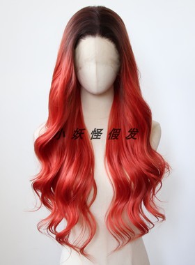 渐变正红色前蕾丝假发高温丝大红色显白自然大波浪卷发整顶假发套