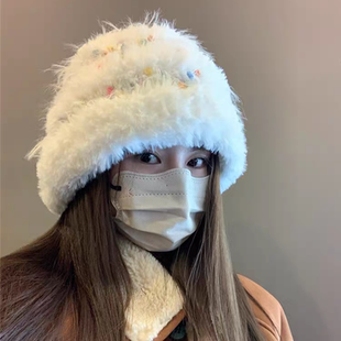 彩色小糖豆毛绒渔夫帽女秋冬圆脸显脸小百搭毛线帽大头围毛线帽子