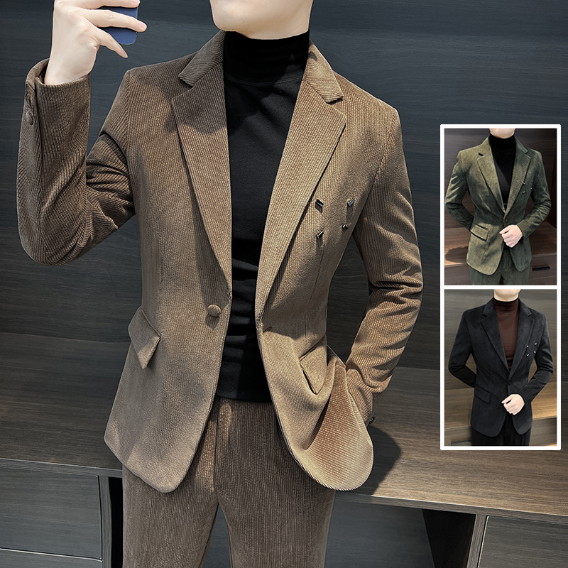 灯芯绒休闲西装男套装2025新款男装外套男款商务修身秋冬款1115h