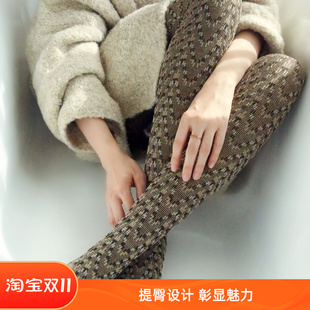 秋季 袜棉质拼色带脚型针织打底袜 外贸复古时髦波浪纹提花连脚裤