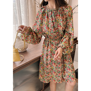 夏季薄款长袖套头宽松百搭14mm双绉港风花卉连衣裙