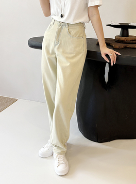 淡黄色老爹裤宽松直筒高腰阔腿牛仔潮流破洞磨白设计面料舒适百搭