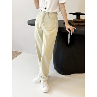 淡黄色老爹裤 宽松直筒高腰阔腿牛仔潮流破洞磨白设计面料舒适百搭