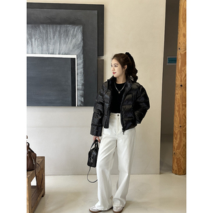 型显瘦显高防风御寒时尚 百搭 鹅绒服女蓬松保暖立领版 黑色亮面短款