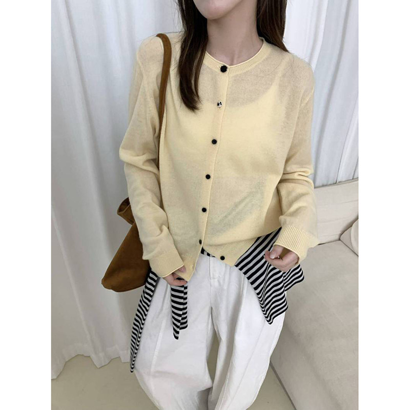 高支全毛花扣开衫轻奢软糯亲肤气质女神范简约通勤百搭居家内搭