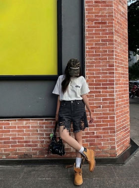 做旧破洞毛边牛仔短裤高腰宽松显瘦黑色辣妹夏季百搭热裤