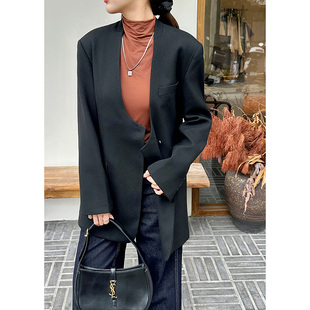 高级无领羊毛西装女软糯面料停服保暖无领设计弱化正式感松弛日常