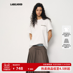 JUNWEI 新款 LIN 饰口袋T恤2025秋季 女上衣 蕾虎串珠重工花边装