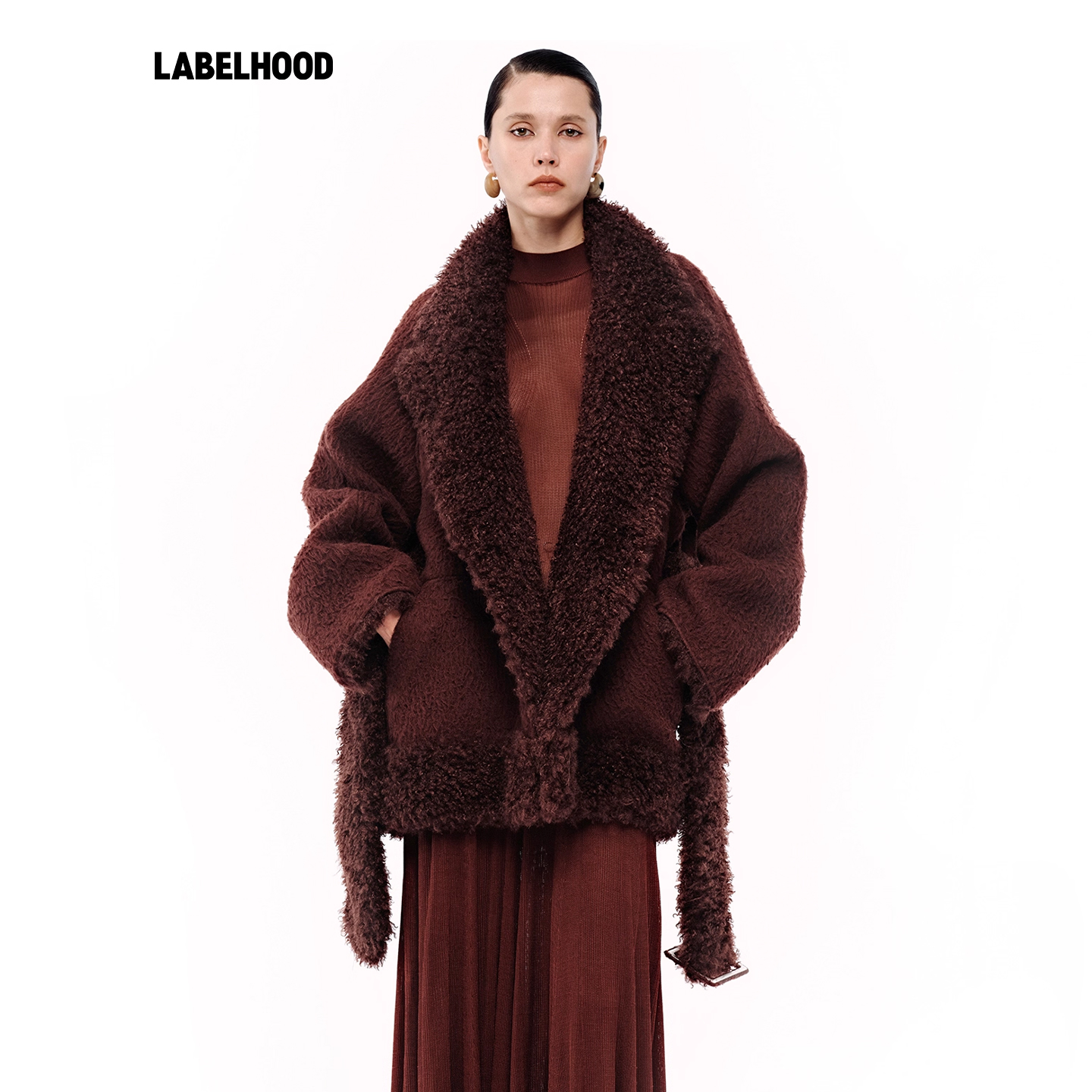 OudeWaag泰迪羊毛拼接廓形大衣