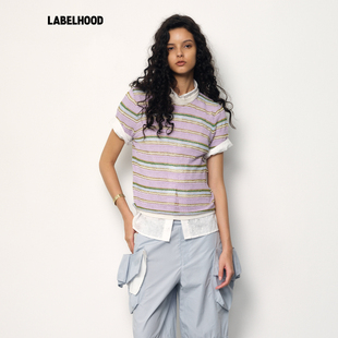 JUNWEI 女装 LIN T恤2025秋冬新款 上衣 蕾虎潮流休闲彩间条短袖