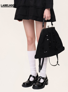 【WMWM】蕾虎时尚百搭荷叶边口订珠口金双肩包秋冬流行女包