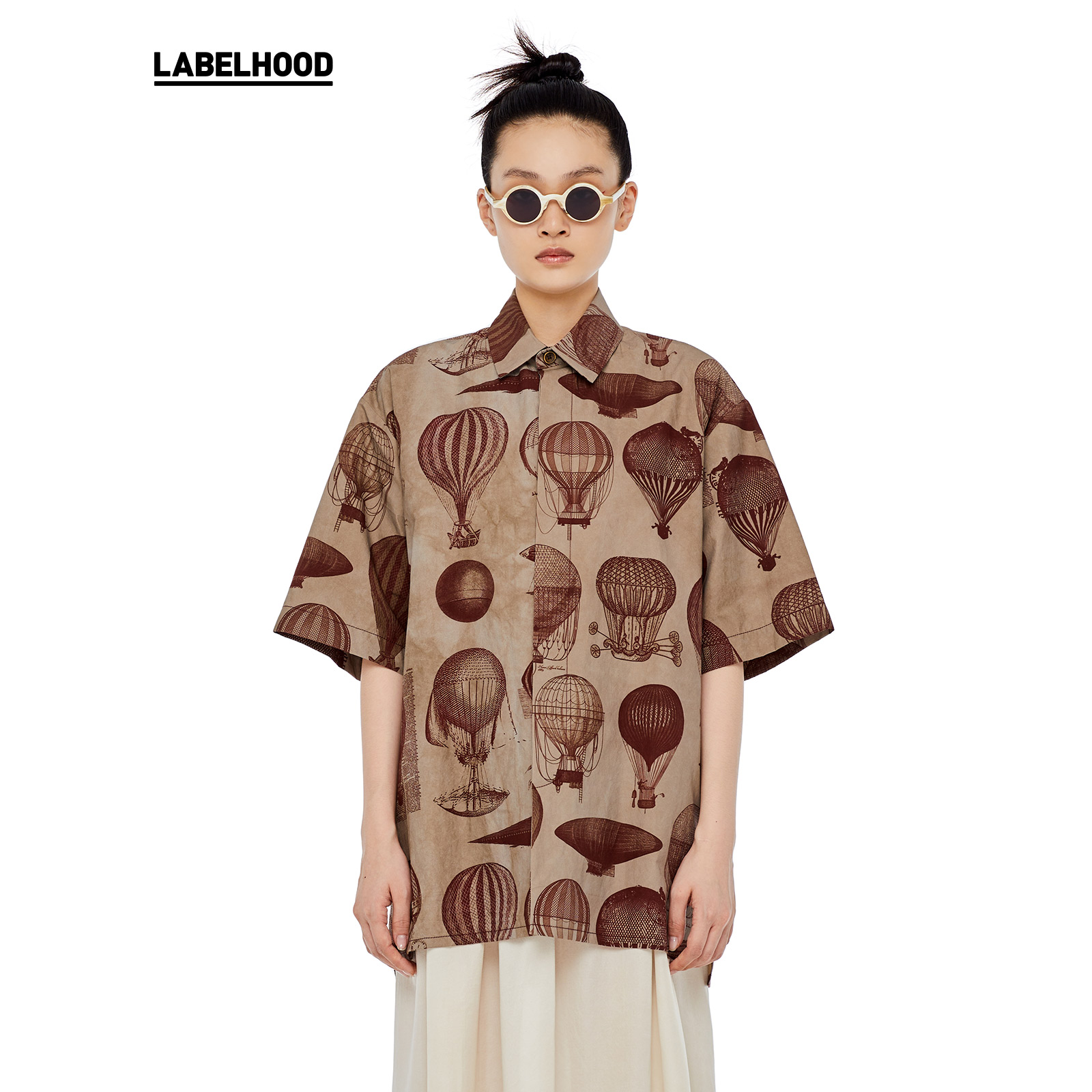 UMAWANG宽松印花翻领短袖衬衫