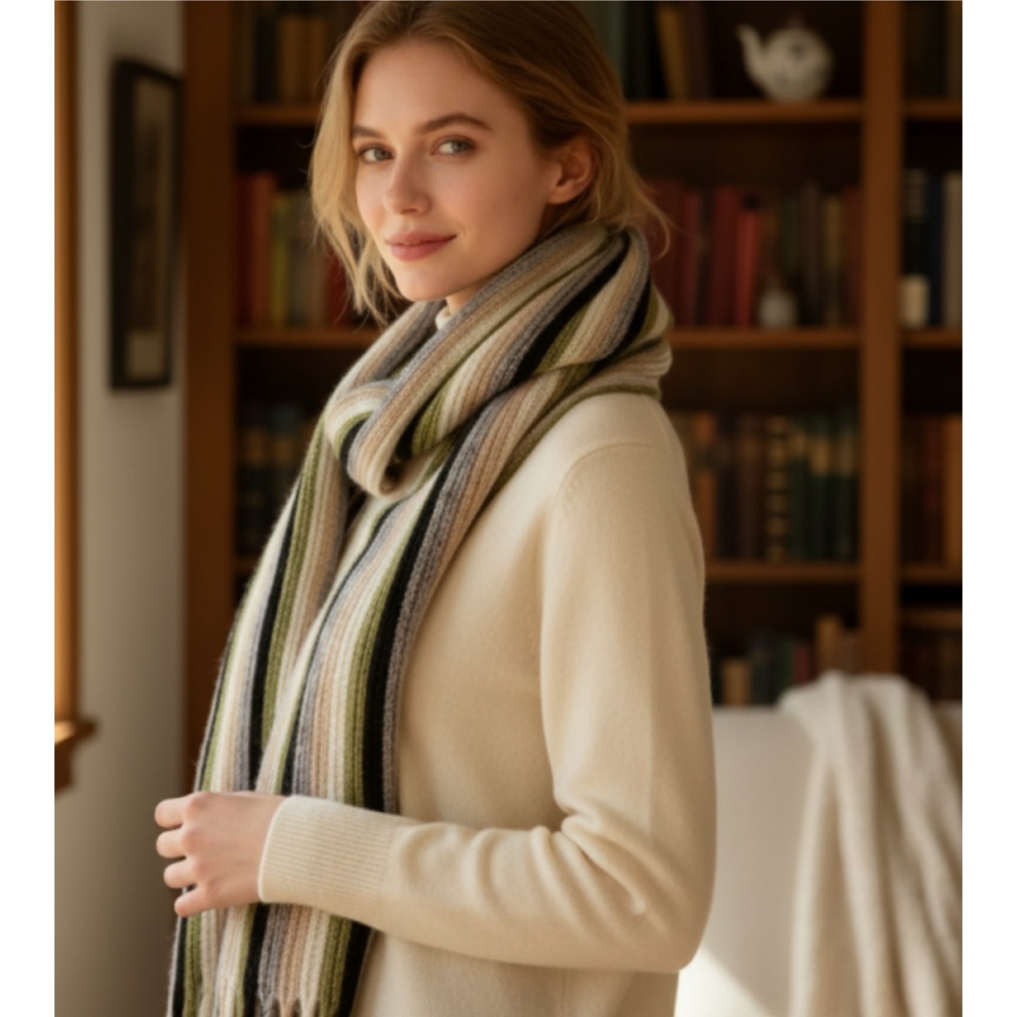 HTB 山羊绒条纹针织围巾冬季女多色彩条流苏百搭保暖围脖时尚穿搭