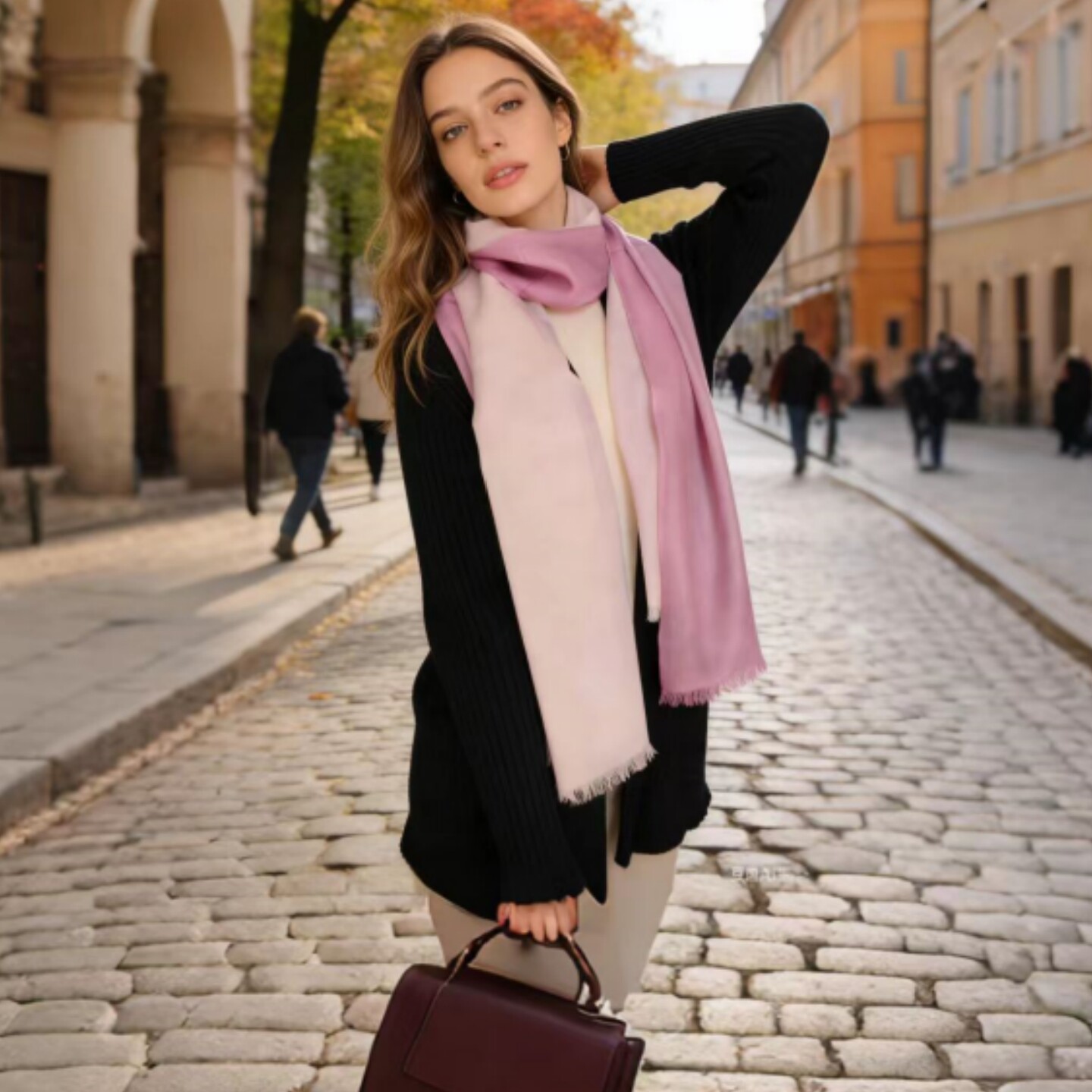 HTB 春秋季粉白渐变色羊毛围巾披肩女薄款冬季保暖百搭多功能时尚