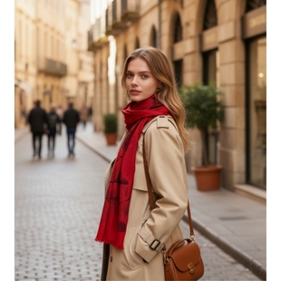 HTB 手绘红色羊绒围巾春秋薄款多功能时尚设计感女士披肩冬季保暖